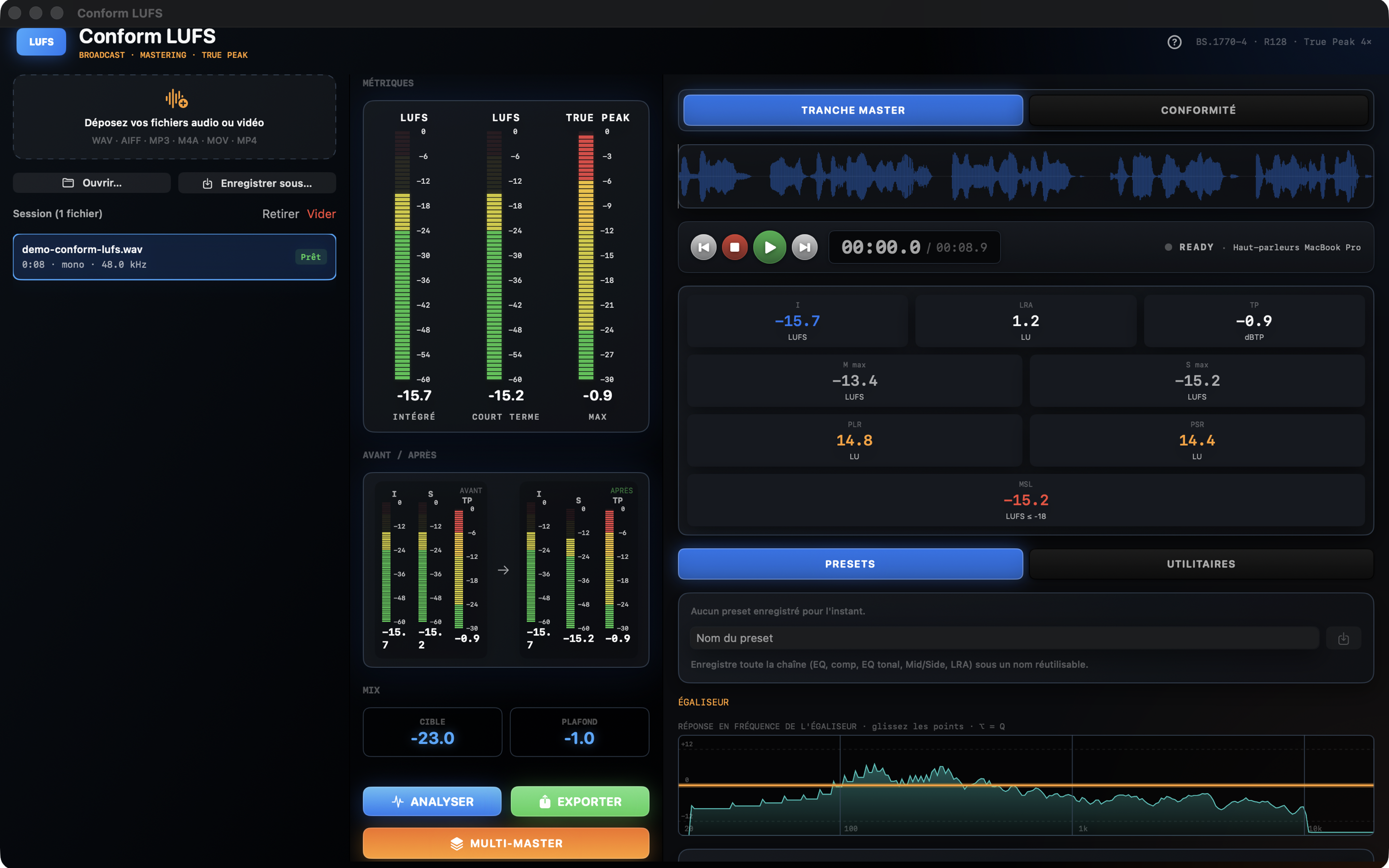 Audio compliance control in Conform LUFS