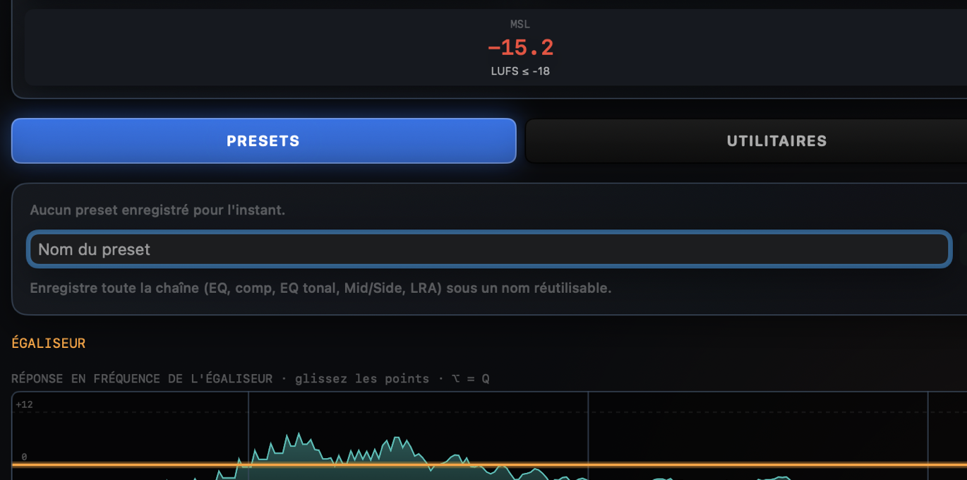 Close-up of Conform LUFS presets and equaliser