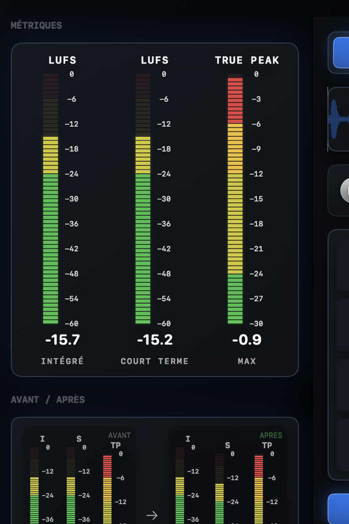 Close-up of Conform LUFS loudness and True Peak meters