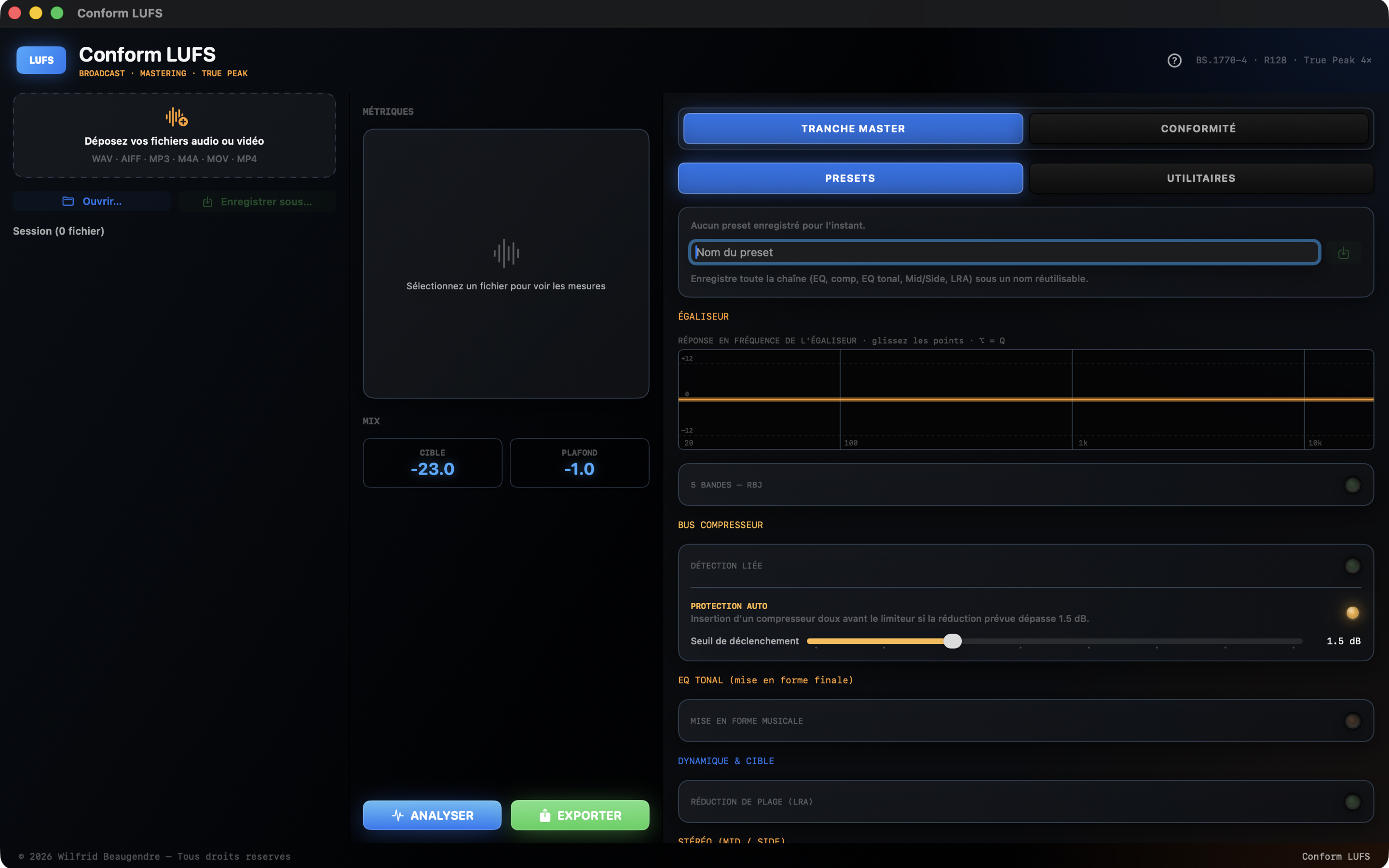 Conform LUFS processing and mastering console